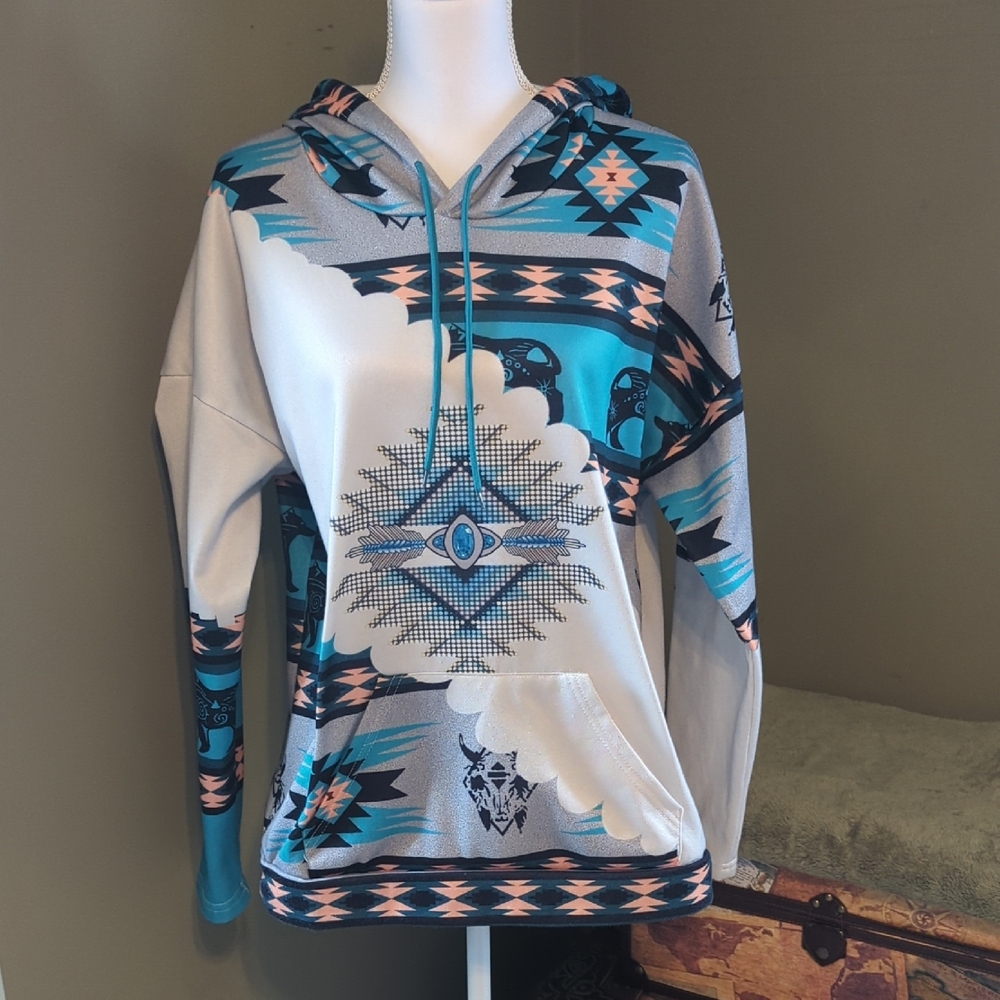 Tribal Print Hoodie - Teal and White